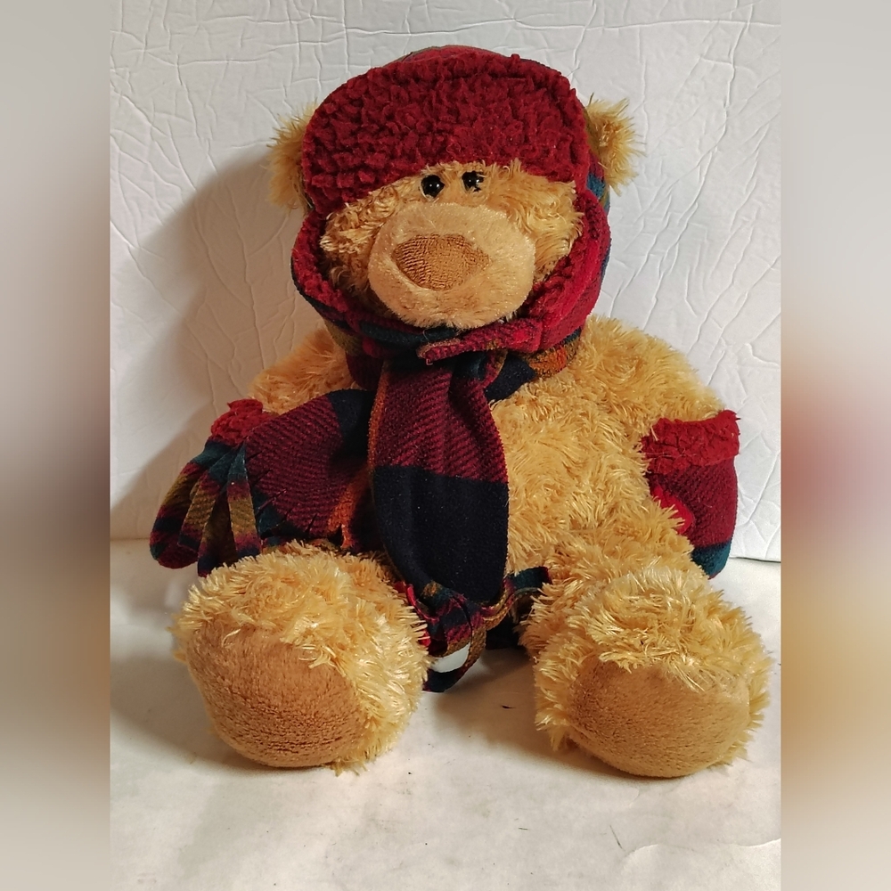Hugfun International Bear Plush Bean Plaid Hat Scarf Gloves 18"